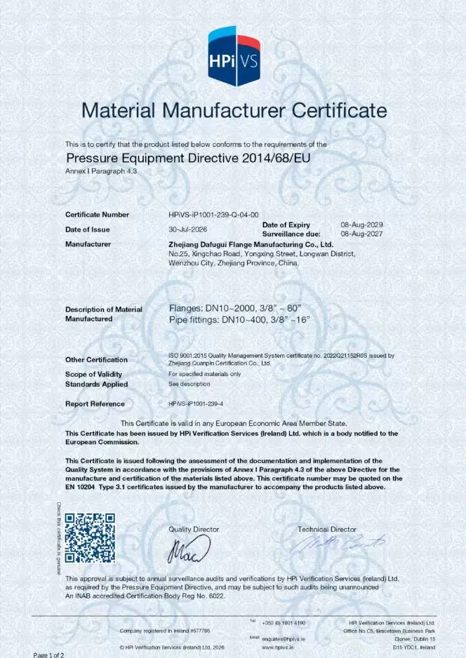 Dafugui aggiorna la certificazione del certificato dei materiali EN 10204 3.1 per la garanzia di qualità globale